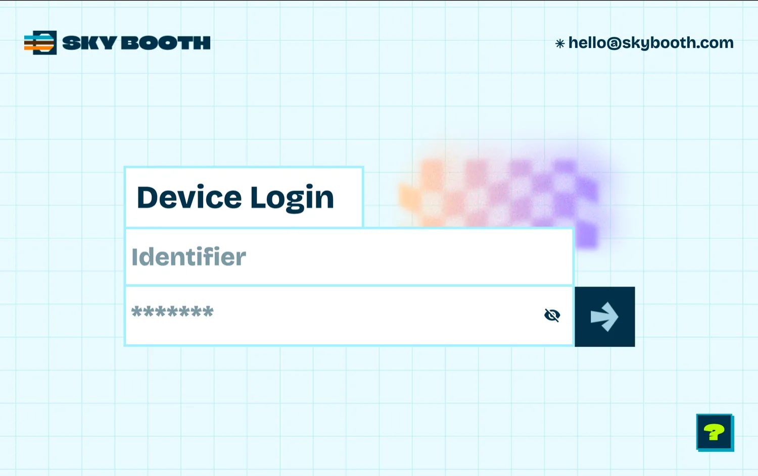 Layar Device Login di aplikasi booth Skybooth dengan kolom Identifier dan password