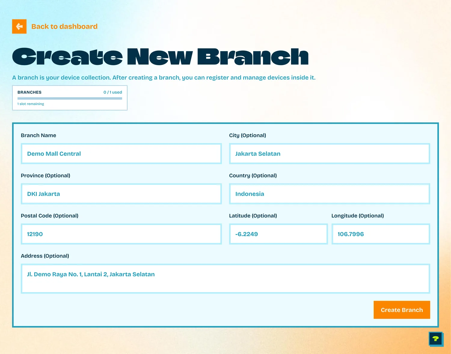 Form Create New Branch di Skybooth dengan kolom nama branch, kota, provinsi, negara, kode pos, koordinat, dan alamat lengkap
