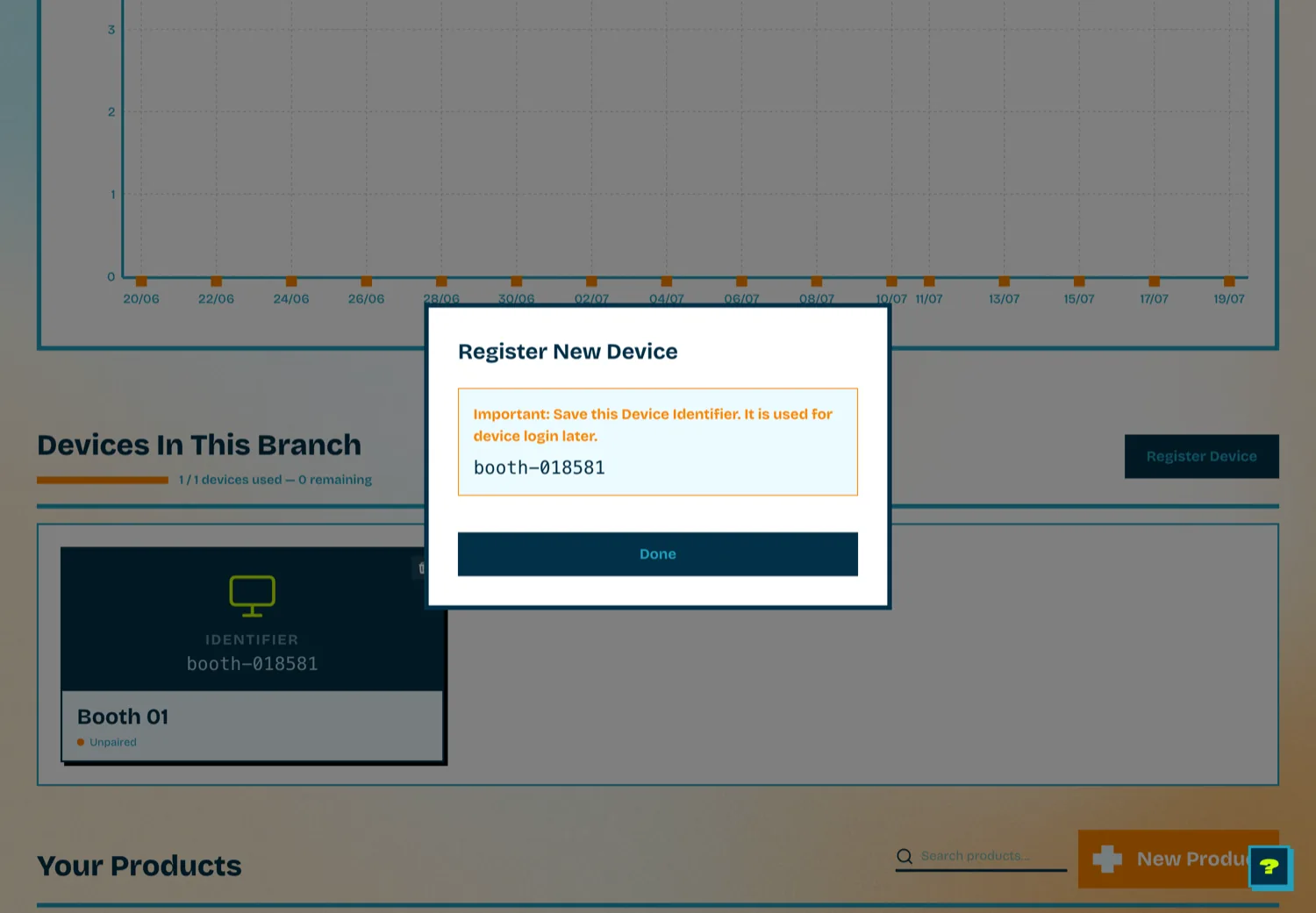 Modal registrasi device Skybooth menampilkan Device Identifier booth-018581 yang harus disimpan untuk login mesin booth
