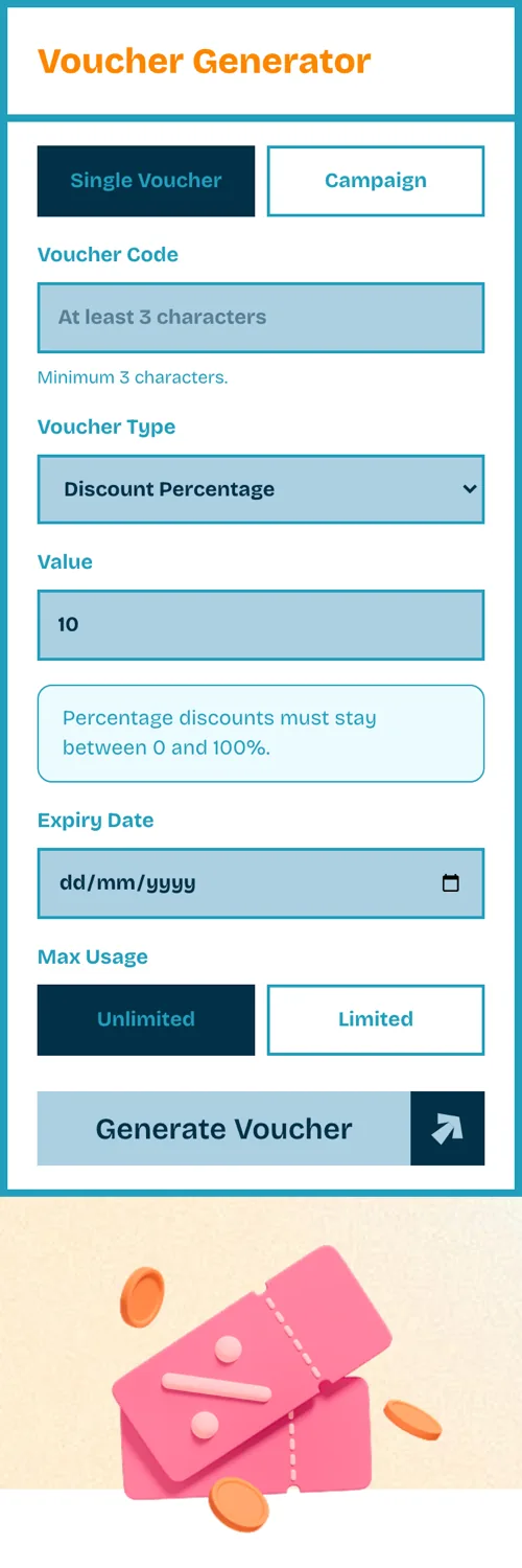 Panel Voucher Generator Skybooth dengan mode Campaign, preset event Christmas, kolom prefix, kuantitas, tipe diskon, dan batas pemakaian